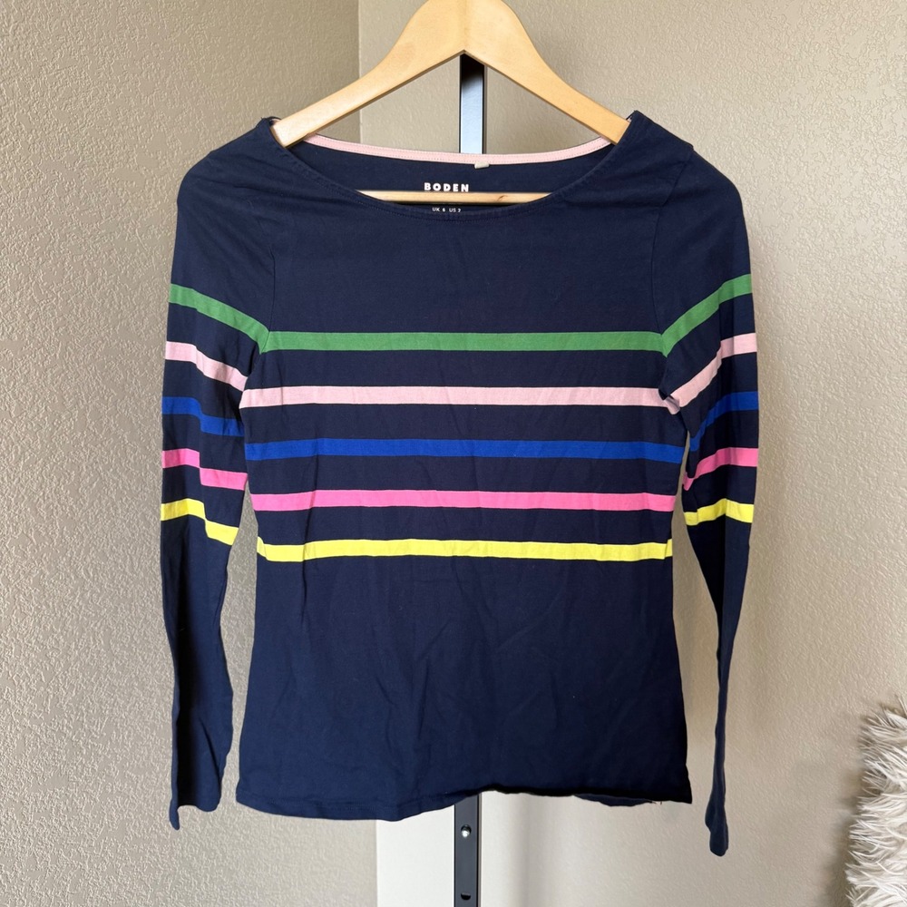 Boden Ella‎ Long Sleeve Breton Tee French Navy and Rainbow Women's  Size 2